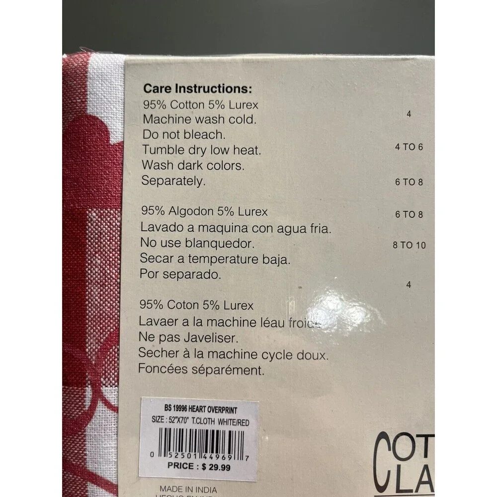 Cottage Classic Linens Red White Plaid Hearts Tablecloth 52”x70” Oblong
